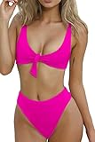 ESONLAR Ladies Flowy Cropped Tank Brazilian Thong 2PCS Bikini Bathing Suit Rosy L