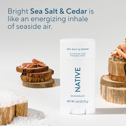 Native- Sal marina nativa y cedro: el cedro cálido, acogedor y atractivo junto con toques de aire marino húmedo y agua salada fresca ayudan a crear este desodorante vegano.