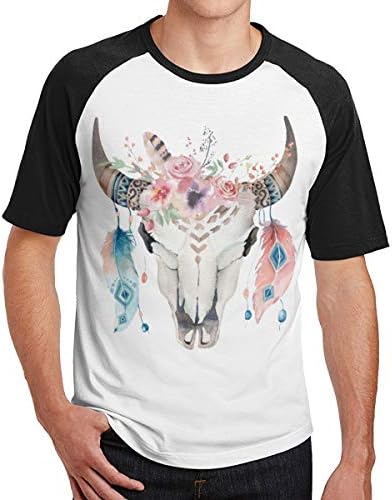 FOOOKL Men Boho Chic Cow Skull Feathers & Flowers Short Sleeve Baseball Tee Raglan T-Shirt Black