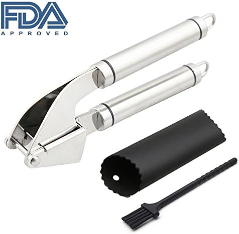Professional Garlic Press - Food Grade Stainless Steel Garlic Mincer with Silicone Garlic Presser Tube Roller Peeler