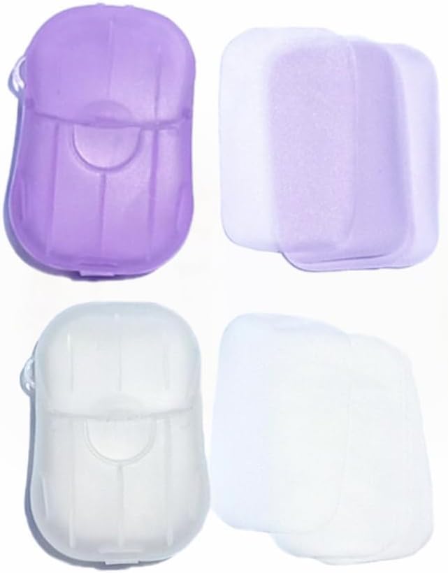 100Pcs Portable Soap Sheets, Mini Portable Travel Soap Paper Sheets Disposable Water Soluble Hand Washing Bath Scented Paper Soap Camping Hiking and Shampoo for Outdoor(White&Purple)