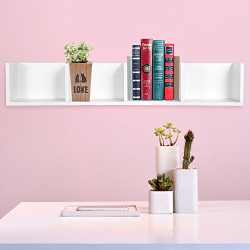 CD Display Shelf Modern Floating Wall Mount Shelf Display Holder Book/CDs/DVDs Storage Bookcase Organizer Media Storage Rack Wooden Unit 4 Grids(White)