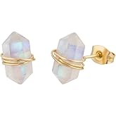 Gempires Gemstone Stud Earrings for Women 14K Gold Plated | Natural Crystal Double Point Pencil Wire Wrapped Studs | Healing Stone Jewelry | Unique 12x7mm Dainty Birthstone Earrings