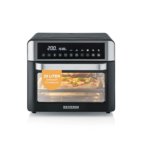 Severin 2-in-1 Toastofen & Heißluftfritteuse, Air-Fryer, 25L, 12 Auto-Programme, 2200W, mit LED-Display, Timer, inkl. Backblech, Grillrost, Frittierkorb, 40-220°C, schwarz-silber, TO 9579