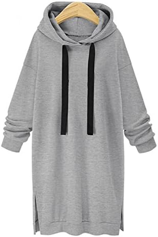 Women Hooded Long Sleeve Casual Split Loose Long Sweatshirt Dress Solid Pullover Plus Size