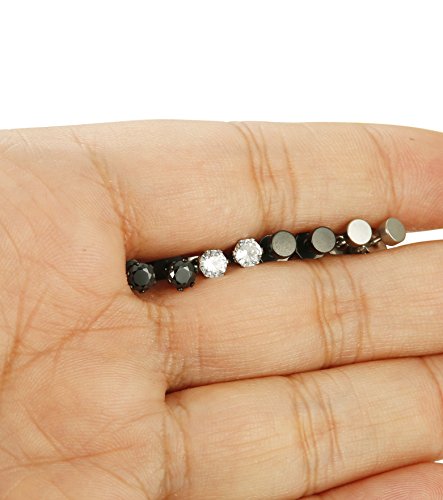 FUNRUN JEWELRY 4-6 Pairs Stainless Steel Stud Earrings for Men Women CZ Round Earrings Black 3-8mm (Style A1:6 Pair4mm)