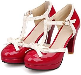 Lucksender Fashion T Strap Bows Womens Platform High Heel Pumps Shoes 5B(M)US Red