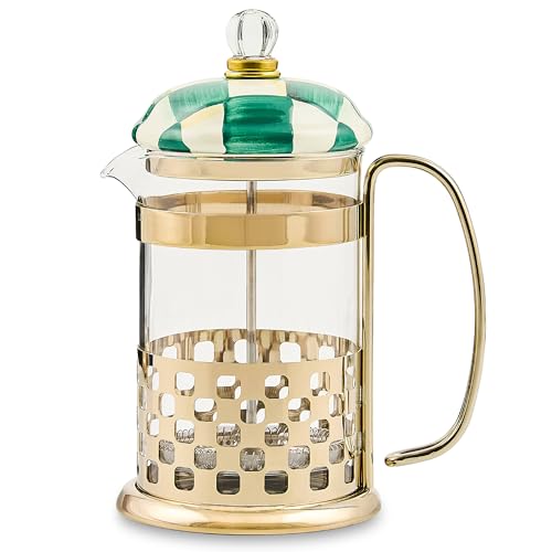 MACKENZIE-CHILDS Coffee French Press, Glass French-Press Coffee Maker, 32-Ounce Capacity, Green-and-White Emerald...