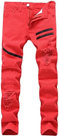 LAMCORD Men's Zipper Destroyed Ripped Skinny Slim Fit Stretch Holes Denim Jeans, Red, W34