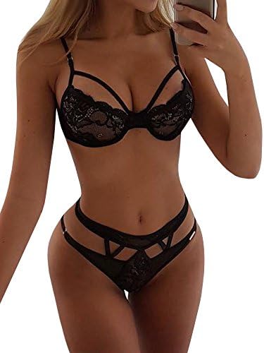 Womens Sexy Strappy Lingerie Set Halter Open Cup Lace Bralette Bra Panty 2 Piece Set Babydoll Bodysuit Sets
