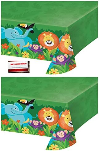 (2 Pack) Jungle Forest Animals Safari Lion Elephant Monkey Birthday Plastic Table Cover 54 X 102 Inches (Plus Party Planning Checklist by Mikes Super Store)
