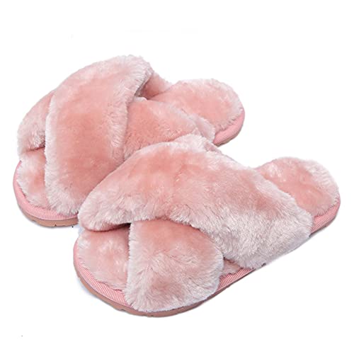Fadezar Girls Fluffy Cute Fuzzy Slippers - Open Toe Warm Fur Slides Cross Band Plush Slip on House Indoor Slippers