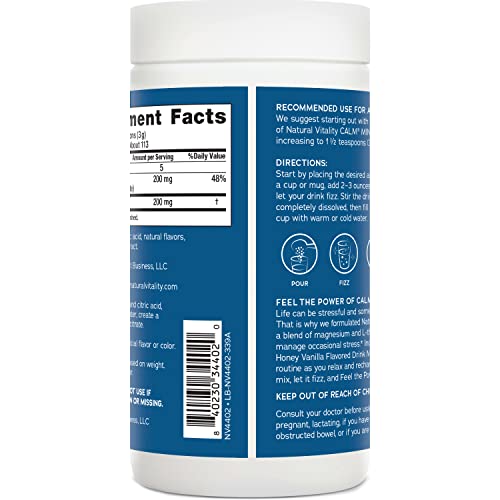 NATURAL VITALITY CALM MIND, MAGNESIUM CITRATE + L-THEANINE POWDER, SUPPLEMENT FOR STRESS RELIEF, GLUTEN FREE & VEGETARIAN, HONEY VANILLA, 12 OZ.