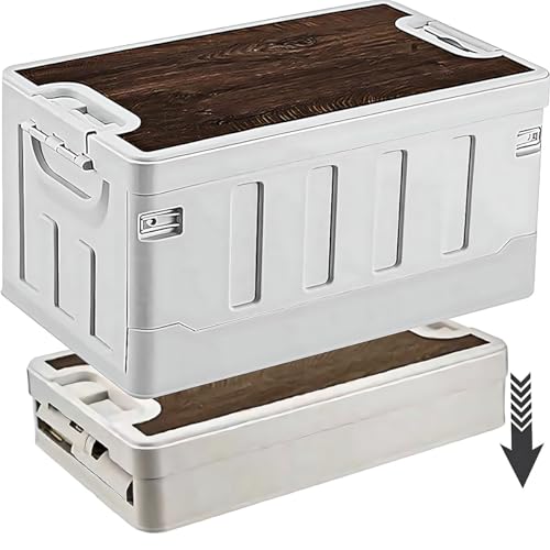 Collapsible Storage Box, Folding Containers Bin Plastic Camping Box With Wood Lid, Stackable Storage Bins Cube Closet Organizer Crate For Clothing Toys Outdoor Indoor Home Camping Picnic Car 40L White