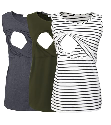 Smallshow Damen Ärmellose Umstandstop Mutterschaft Umstandskleidung Stillen Weste Tops 3 Stücke Army Green-Deep Grey-White Stripe XL