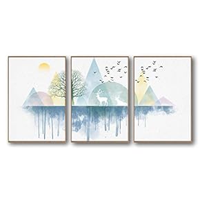 Abstract Geometric Nature And Deer - 3 Panel Framed Canvas