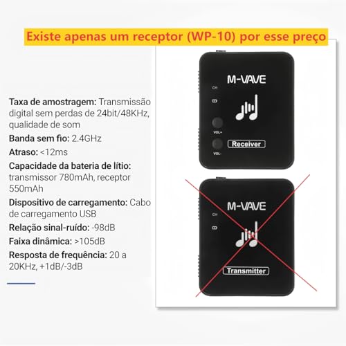 M-VAVE Receptor de Áudio Sem Fio para Monitor de Ouvido Profissional, Transmissão 2.4GHz Som sem Perdas 24bit/48KHz, Alcance de 30 Metros, Bateria de 7 Horas, Modo Mono/Stereo, Controle de Volume