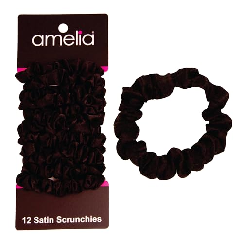 Amelia Beauty, Black Satin Small Scrunchies, 12-Pack – No Damage Hair Ties for Women, Gentle & Durable Hair Accessories, 2.5in x 0.5in at Amazon
