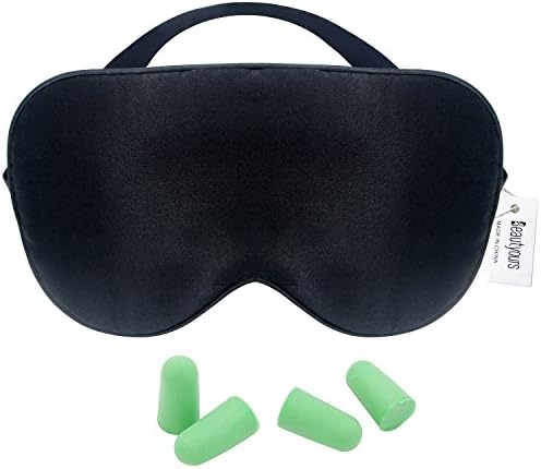 Beautyours Natural Silk Sleep Sleeping Mask Eye Cover Eyeshade Elastic Head Strap Light Blocking W/Soft Foam Ear Plugs 2 Pairs For Hearing Protection Extra Travel Pouch