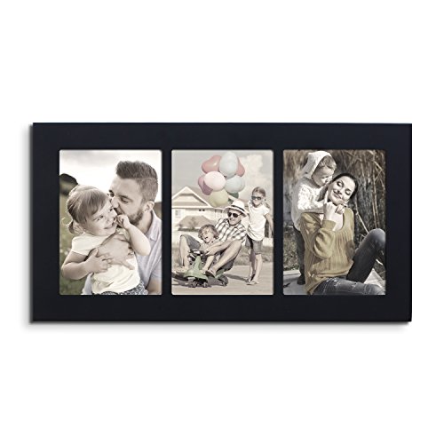 Adeco Decorative Wood Divided Wall Hanging Artwork Print Picture Photo Frame, 3 Opening 5x7" (Black)