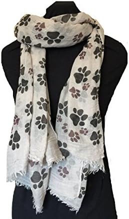 Beige dog paw print long scarf with frayed edge.