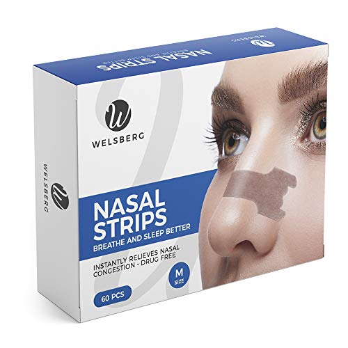 Welsberg 60 pcs Nasal Strips, Anti-Snoring Aid, Snore Stopper Patch, Nasal Congestion Relief, Breath Better During Sleep Sports Nose Plaster for Men Women, Size M, 2.1x0.6 inches