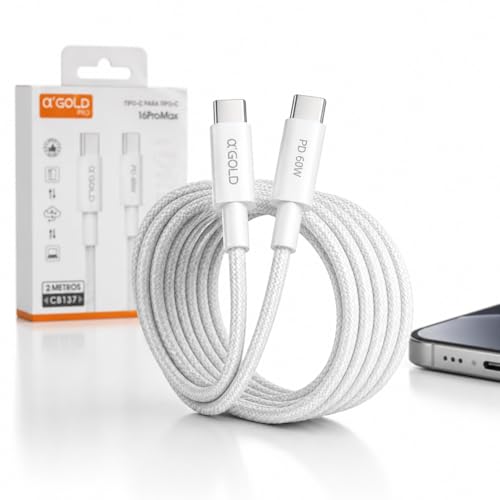 Cabo Tipo-C para Tipo-C 2 Metros 60W Turbo PD Nylon Trançado Reforçado, Carregamento Rápido e Transferência de Dados, Compatível com iPhone 15/16, Samsung, Xiaomi, Motorola, iPad, Notebook e Android