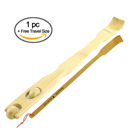 BambooMN 1 Piece 17 Inch Backscratcher Smooth Ball Roller Massage Handle Plus Travel Back Scratcher for Itching Relief, 100% Bamboo