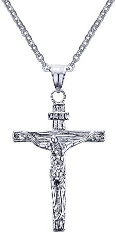 Creation Time Religious Stainless Steel Necklaces Jesus Christ Cross Crucifix High Polished Pendant Come With 24 Inch Chain (Silver P2)