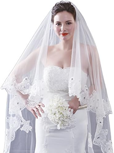 Leekida Ivory 2 Tiers Long Cathedral Pearl Crystal Wedding Bridal Veil With Lace