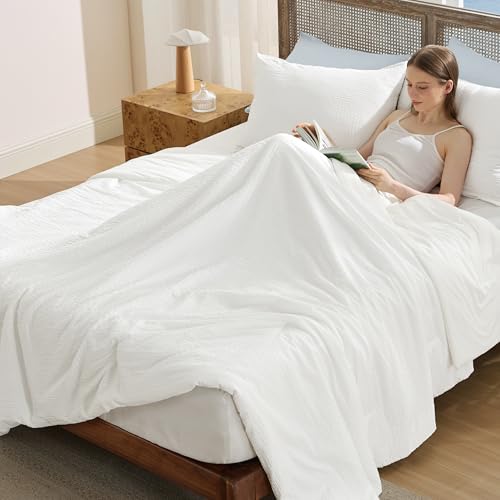 Bedsure Cooling Comforters Queen Size, White Seersucker Cool Bedding for Hot Sleepers