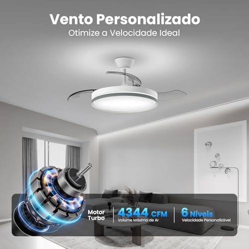Ventilador de Teto com Pás Retráteis, Luz LED e Controle Remoto – Modelo Silencioso de 106 cm, Bivolt, 6 Velocidades e 3 Temperaturas de Cor (3CCT) para Uso Interno