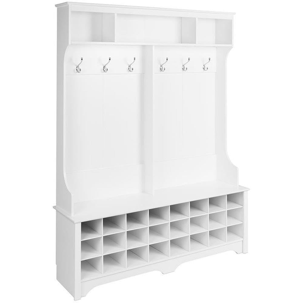 Photo 1 of  *** VERY USED MISSING  PARTS*** Prepac White Hall Tree, Shoe Cabinet, Storage Cabinet with 24 Shoe Cubbies and 6 Double Coat Hooks 15.5" D x 60" W x 77" H