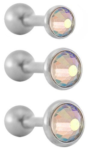 Set of 3 AB Crystal Triple Forward Helix Steel Straight Barbells-16g Steel Helix Piercing Jewelry