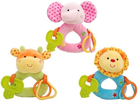 Linzy Plush Baby Animals Rattle with Ring O' Links and Tether Set (3 Piece), Multi Color 6"