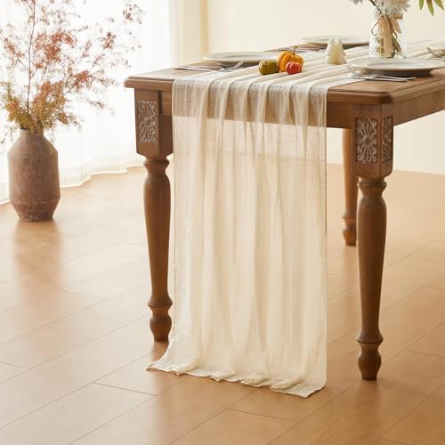 Cheesecloth Table Runner Ivory White Gauze Rustic Cheese Cloth Spring Table Runner for Wedding Baby Bridal Shower Birthday Party Long Sheer Boho Home Decorations, 35.4*118 Inch