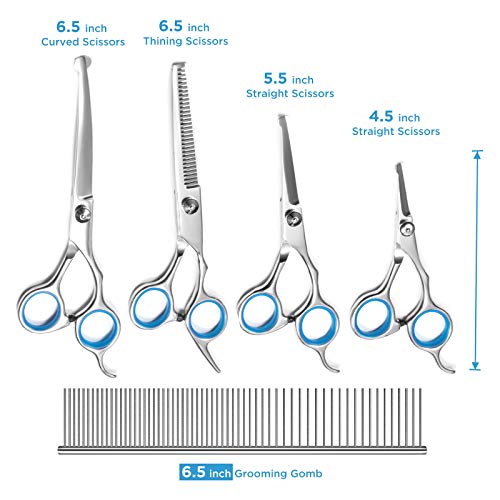 DELOMO Pet Scissors for Dogs & Cats with Safety Round Tips, 5 in 1 Pet Grooming Scissors Set, Pet Cutting Scissors Kit with Thinning, Straight, Curved Shears and Comb for Long or Short Hair Pets, Blue