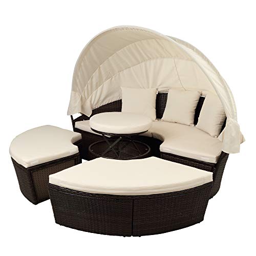 FLIEKS Outdoor Patio Round Daybed Furniture with Retractable Canopy and Coffee Table, Wicker Rattan Sofa Set Waterproof Cushions Backyard Lawn Garden Pool Porch (Beige Cushion)