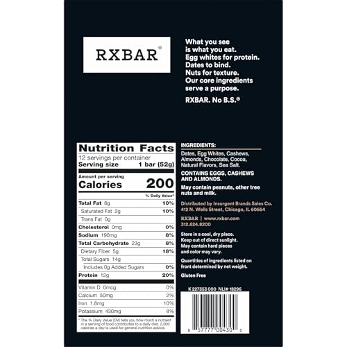 RXBAR PROTEIN BARS, PROTEIN SNACK, SNACK BARS, CHOCOLATE SEA SALT, 22OZ BOX (12 BARS)