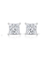 14 K oro blanco princess-cut Solitaire Stud arete (1 3 quilates de diamantes, I-J, I1-I2)