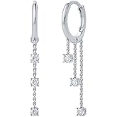 Dainty Clear CZ Chain Dangle Hoop Earrings for Women, 925 Sterling Silver Huggie Hoop with Chain Drop Charm, Hypoallergenic Jewelry for Everyday Wear