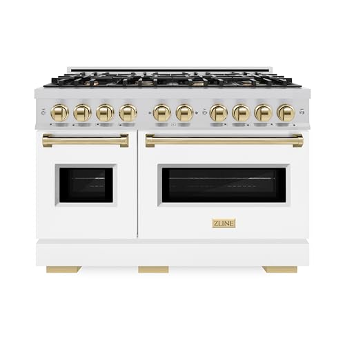 ZLINE Autograph Edition 48 in. 6.7 cu. ft. Classic Double Oven Gas Range with 8 Burner Cooktop in Stainless Steel with White Matte Doors and Polished Gold Accents (CGRZ-WM-48-G)