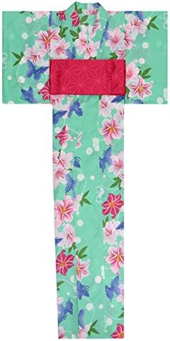 KimonoMode24 Women's Japanese Yukata And Red Obi Set/ Flower and Butterfly Pattern Free Size Green