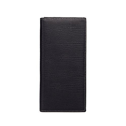 MONHINTY Men's Genuine Leather Multi-Card Long Bifold Wallet Black