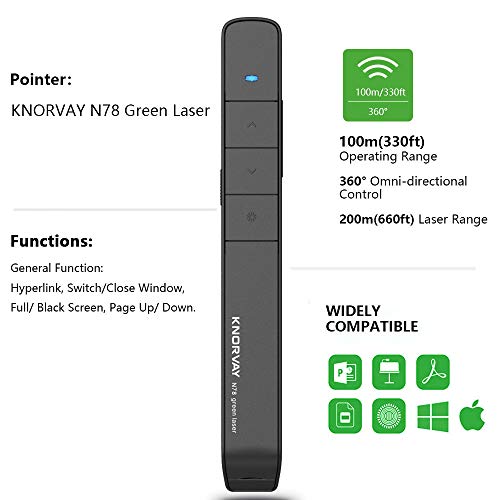 KNORVAY N78GBK Green Laser Pointer Presentation with 16GB Memory, Wireless Presenter Rechargeable PowerPoint Clicker for Presentation Remote, Slide Advancer Supports for Hyperlink/Keynote/Mac