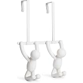 Umbra Buddy Over the Door Double Hook, Coat and Towel Hook, White | Fits 1.5 inch thick doors, easy install, holds coats purses scarves and towels, recycled plastic