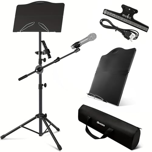 VEDO suporte de partitura é dobrável, possui suporte removível para microfone e telefone, é um dispositivo portátil e leve, com prendedor de partitura e bolsa para transporte de instrumentos musicais.