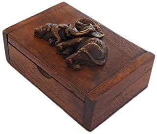 Handmade Vintage Thai Teak Wood Box with Elephants, Size 4.25" X 3"