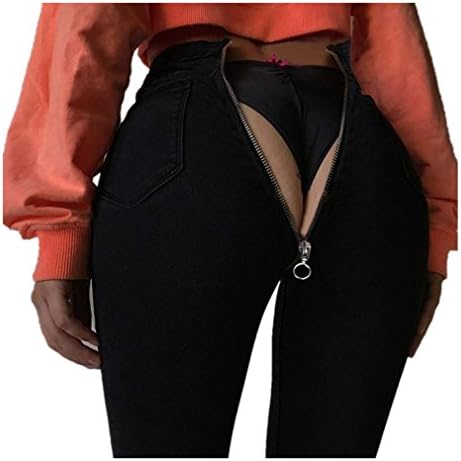 XILALU Women Unique Back Zipper Pencil Jeans Stretch Denim Skinny Jeans Pants High Waist Trousers (L, Black)