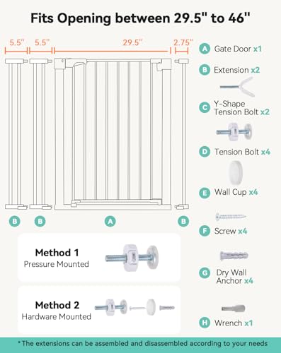COMOMY Dog Gate 36" Extra Tall, 75-117cm Large Width Baby Safety Gate Automatic Closing, Durable Child Safety Barrier for Stairs, Pressure Mounted, White